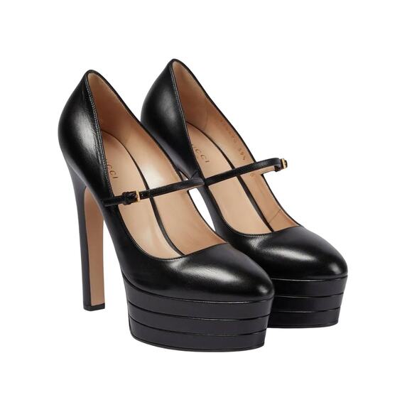 Gucci Mary Jane Angel Platforms 40/ US 10 Pumps Black Leather Heel NIB $1,200 - Picture 1 of 16